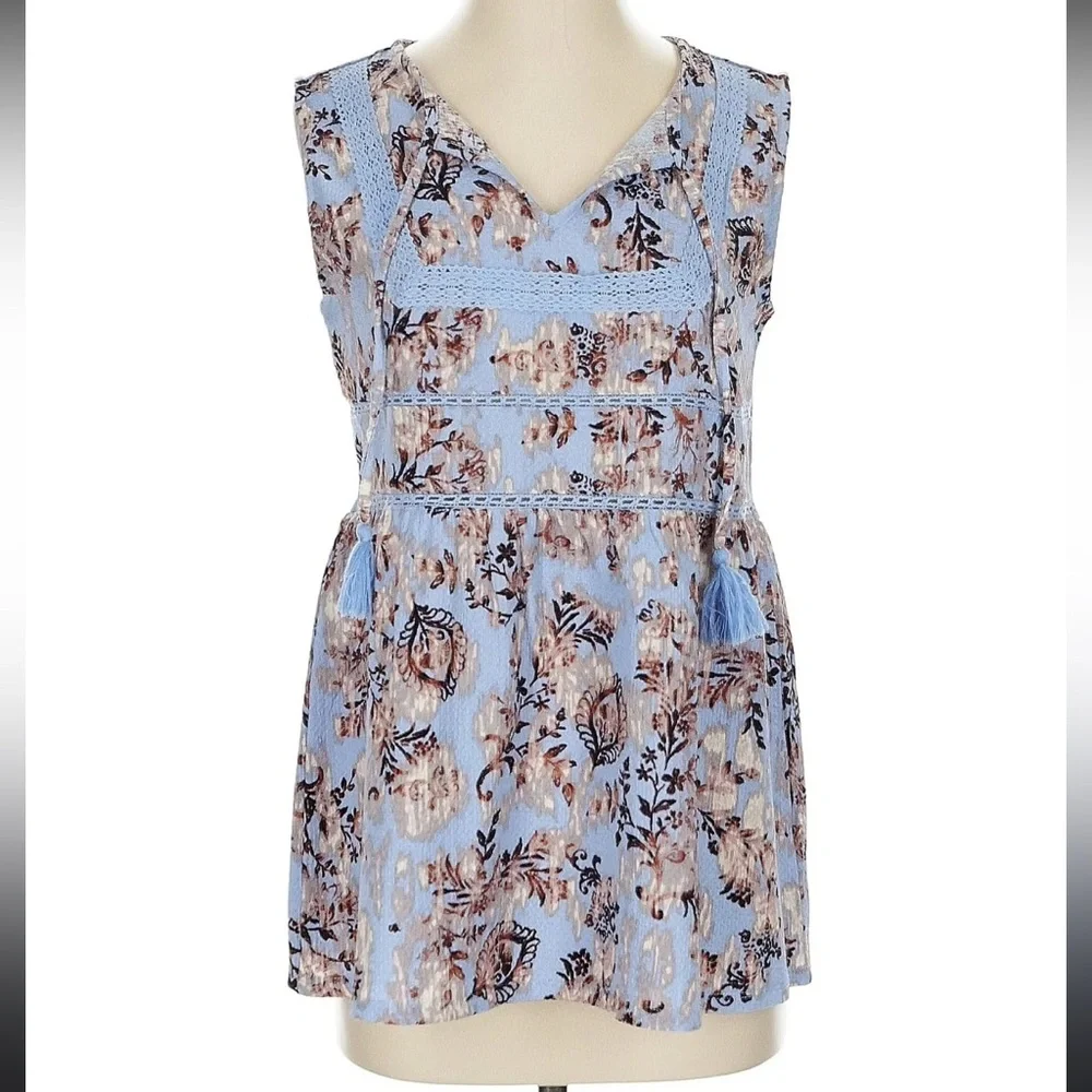 Frye Sleeveless Top Blouse Shirt Floral Medium Blue Tan Brown Summer V-Neck